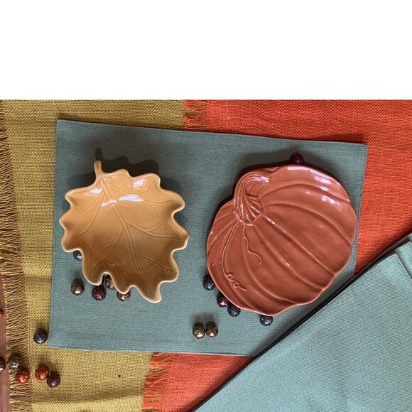 Pier 1 Fall Pumpkin Plate & Leaf Bowl, Stoneware, Petit Fours, Appetizers, set/2 - Picture 3 of 9